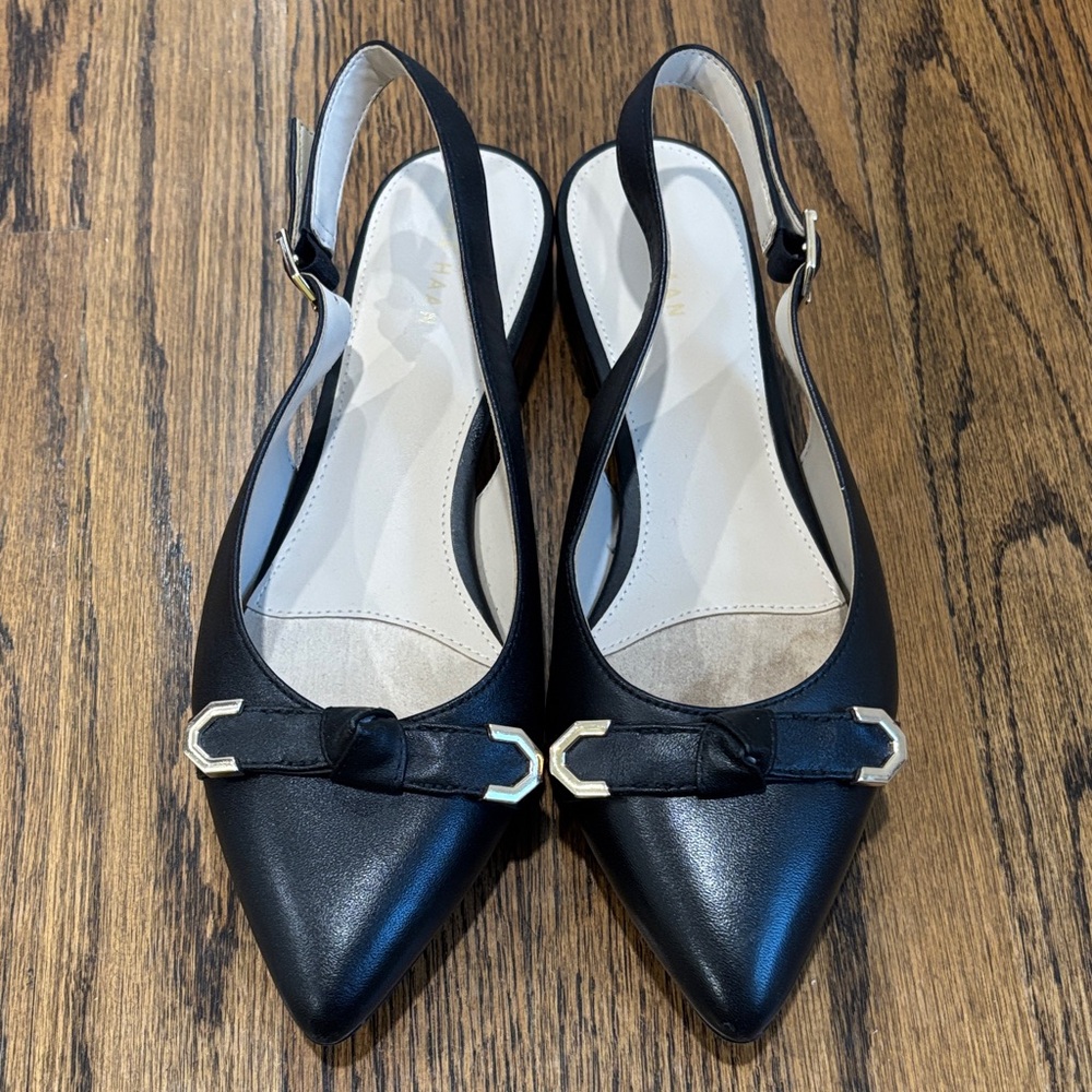 Cole Haan Black Slingback Flats with Gold Buckles